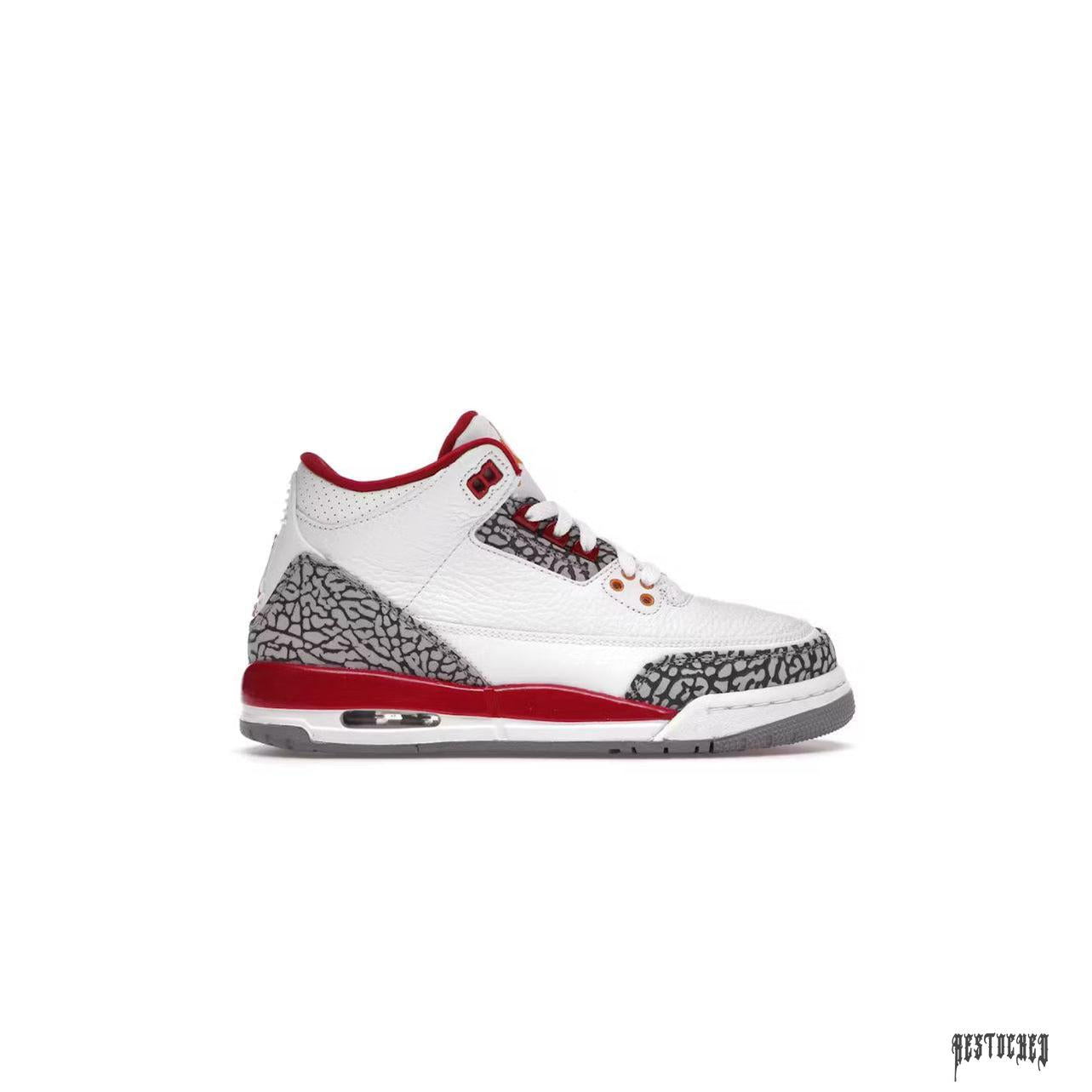 JORDAN 3 RETRO CARDINAL (GS) white leather sneaker with red accents and grey elephant print.