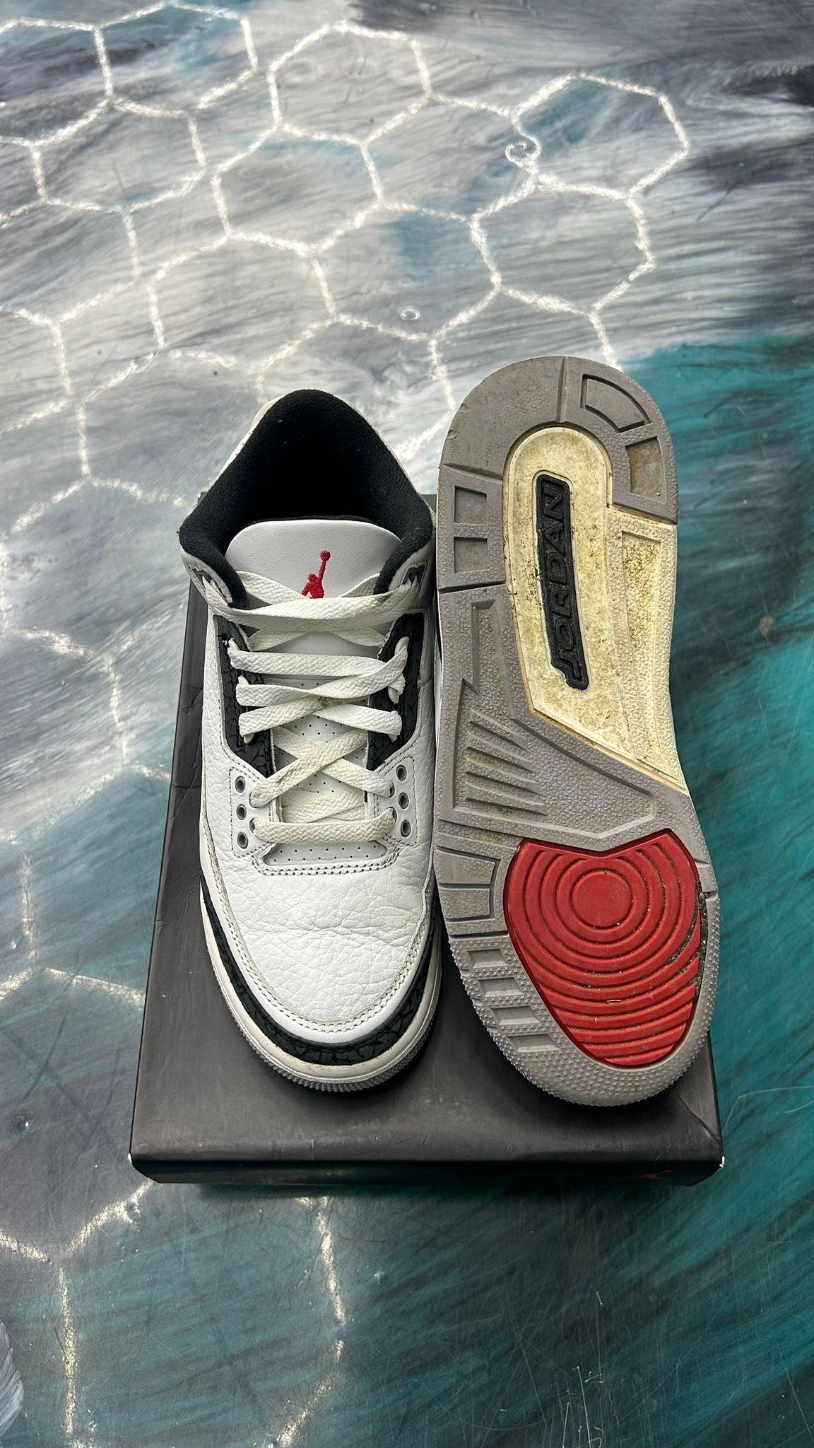 Pre-owned Jordan 3 Retro Cement Grey size 7Y, white leather with black and red accents.