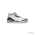 JORDAN 3 RETRO CEMENT GREY sneaker, white leather upper, grey elephant print, black accents, red Jumpman logo.