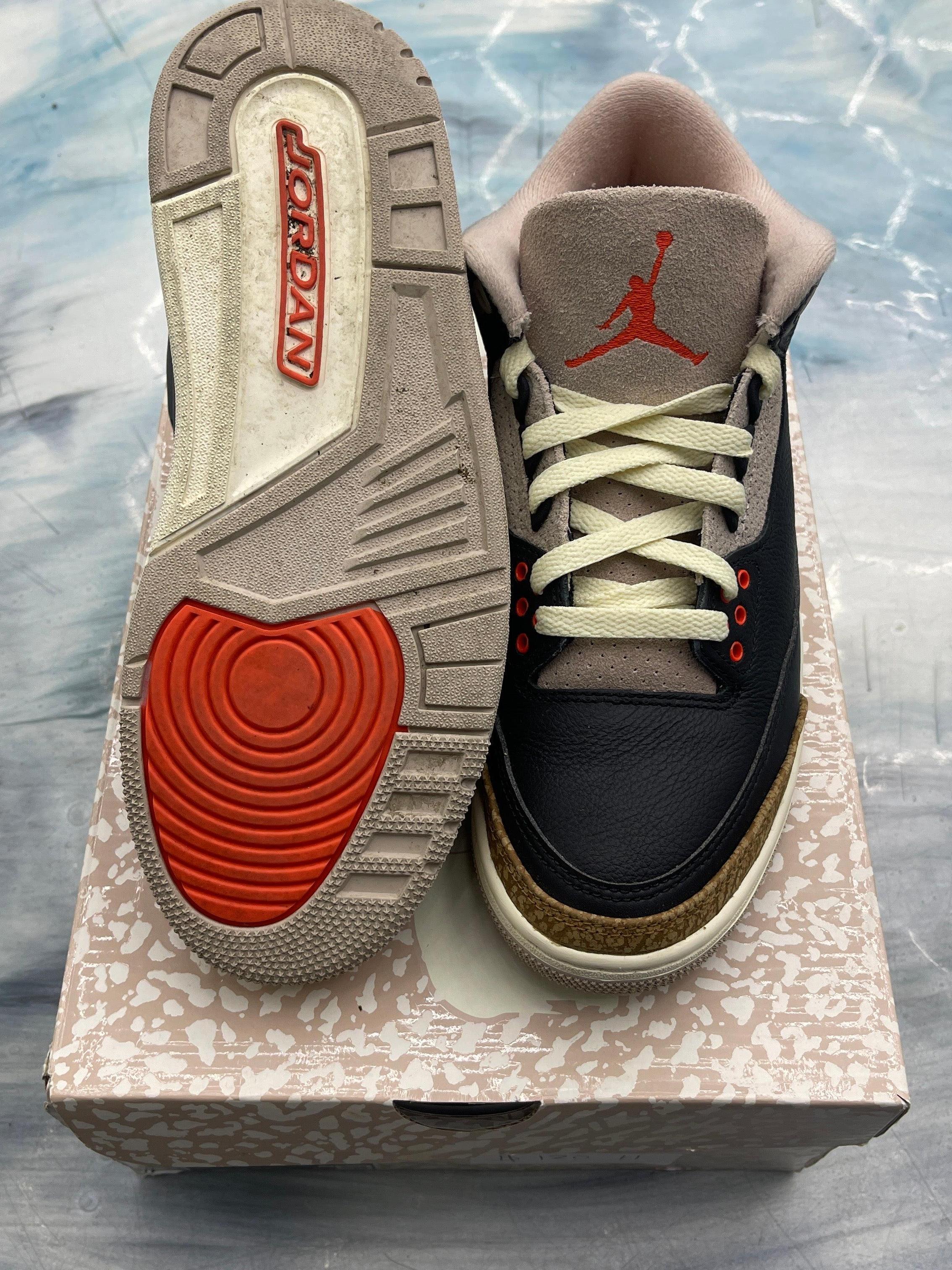 Pre-owned Jordan 3 Retro Desert Elephant, size 7, black leather with red accents and elephant print.