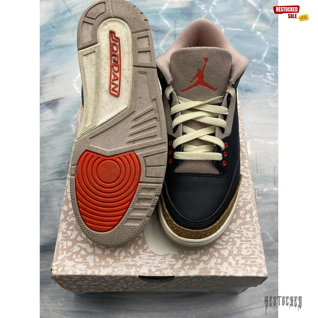 Pre-owned Jordan 3 Retro Desert Elephant, size 7, black leather with red accents and elephant print.
