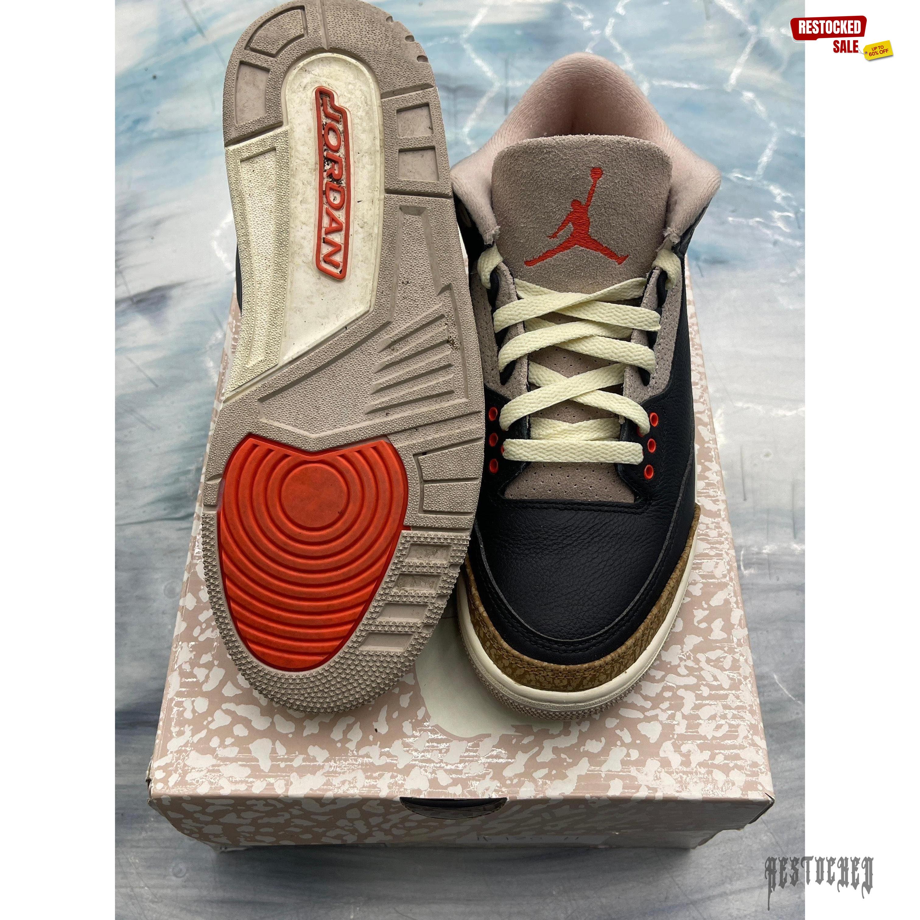 Pre-owned Jordan 3 Retro Desert Elephant, size 7, black leather with red accents and elephant print.