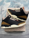 JORDAN 3 RETRO DESERT ELEPHANT pre-owned size 7, black leather with brown elephant print accents.