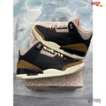 JORDAN 3 RETRO DESERT ELEPHANT pre-owned size 7, black leather with brown elephant print accents.