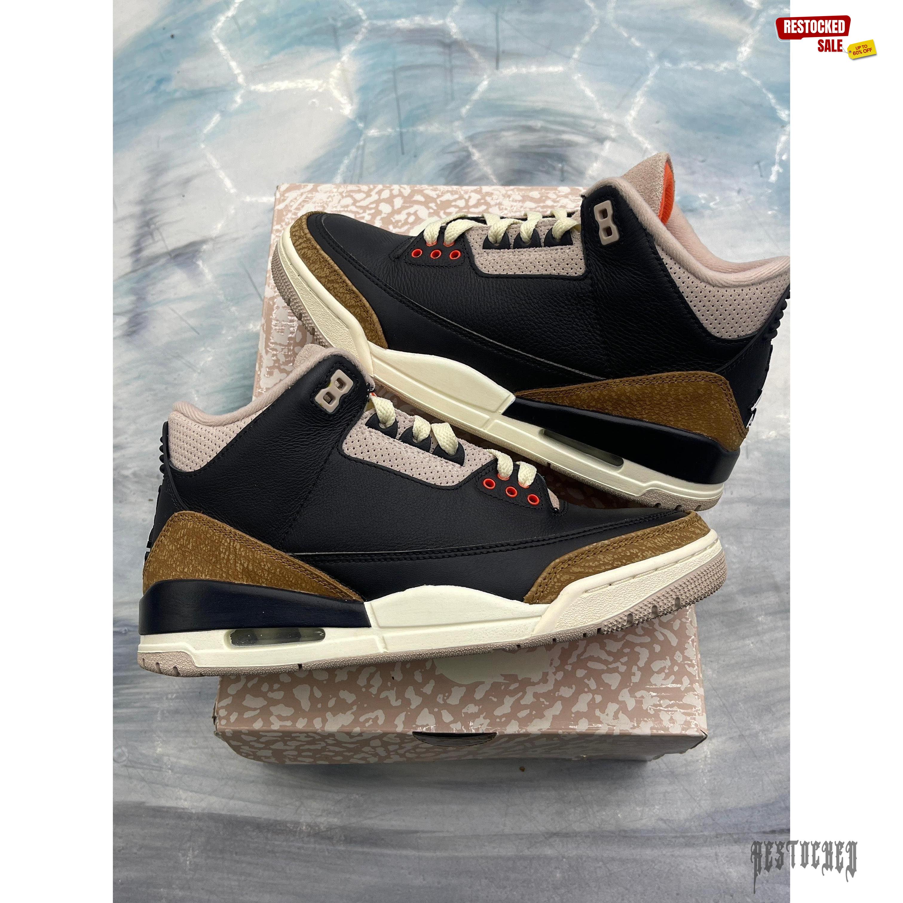 JORDAN 3 RETRO DESERT ELEPHANT pre-owned size 7, black leather with brown elephant print accents.