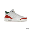 JORDAN 3 RETRO EL VUELO SUMMIT WHITE sneaker with red and green accents, gold eyelets, and visible air unit.