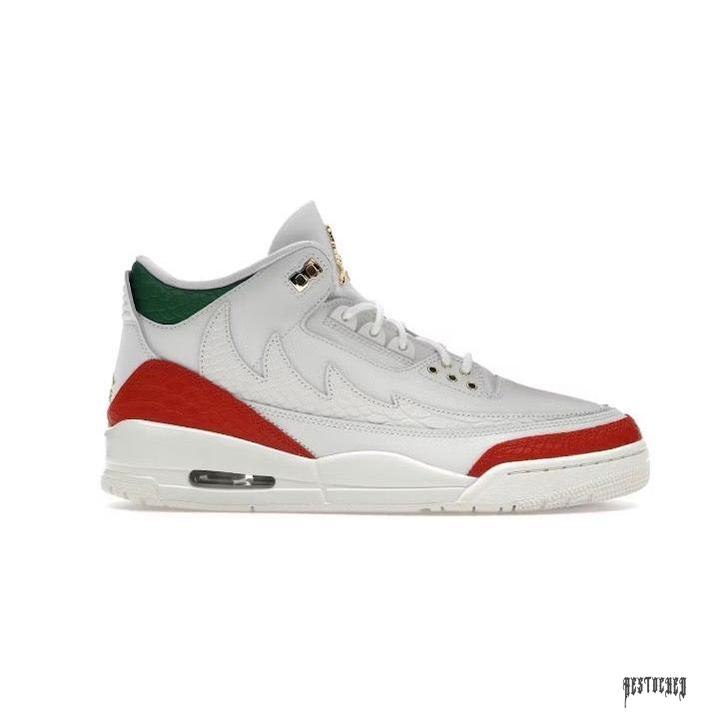 JORDAN 3 RETRO EL VUELO SUMMIT WHITE sneaker with red and green accents, gold eyelets, and visible air unit.