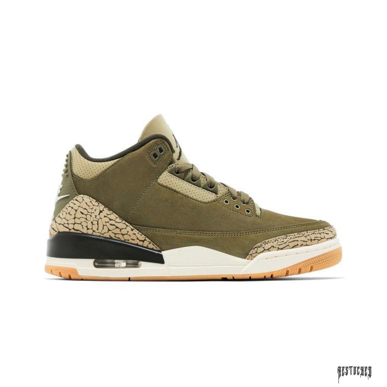 JORDAN 3 RETRO FAMILY AFFAIR in olive green suede with tan elephant print accents and a white midsole.