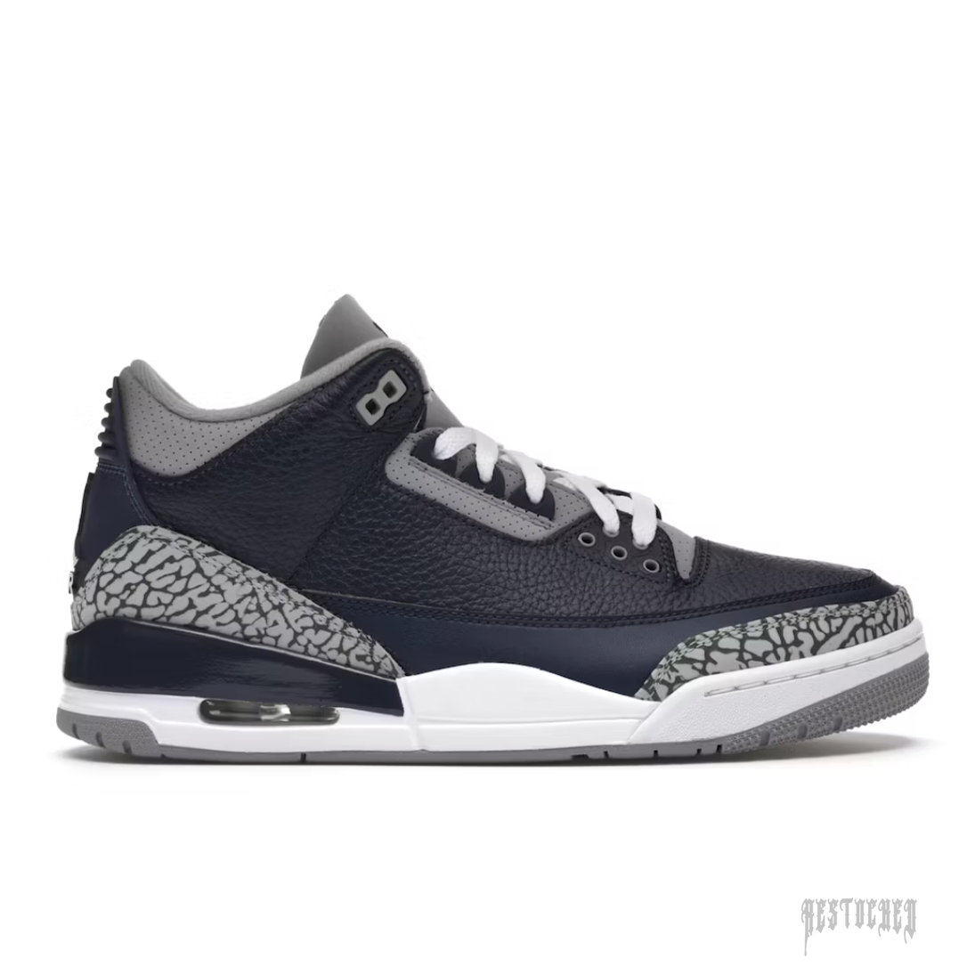 JORDAN 3 RETRO GEORGETOWN (2021) sneaker, navy blue leather upper, grey elephant print, white midsole.