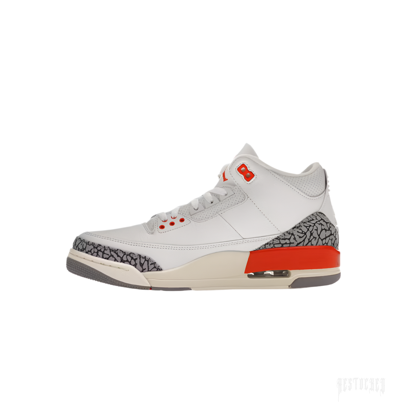 JORDAN 3 RETRO GEORGIA PEACH women's sneaker, white leather with grey elephant print and vibrant orange accents.