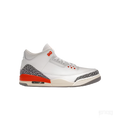 JORDAN 3 RETRO GEORGIA PEACH women's sneaker, white leather upper, grey elephant print, and vibrant orange accents.