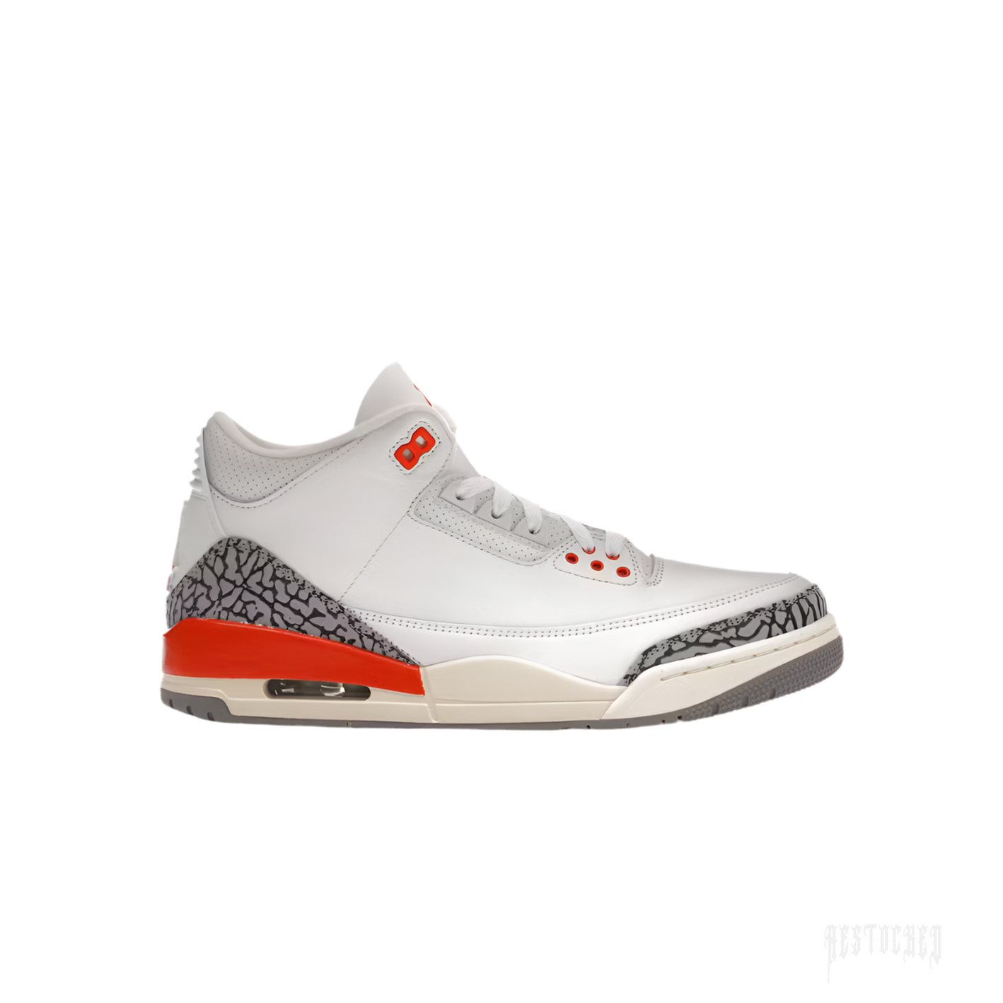 JORDAN 3 RETRO GEORGIA PEACH women's sneaker, white leather upper, grey elephant print, and vibrant orange accents.