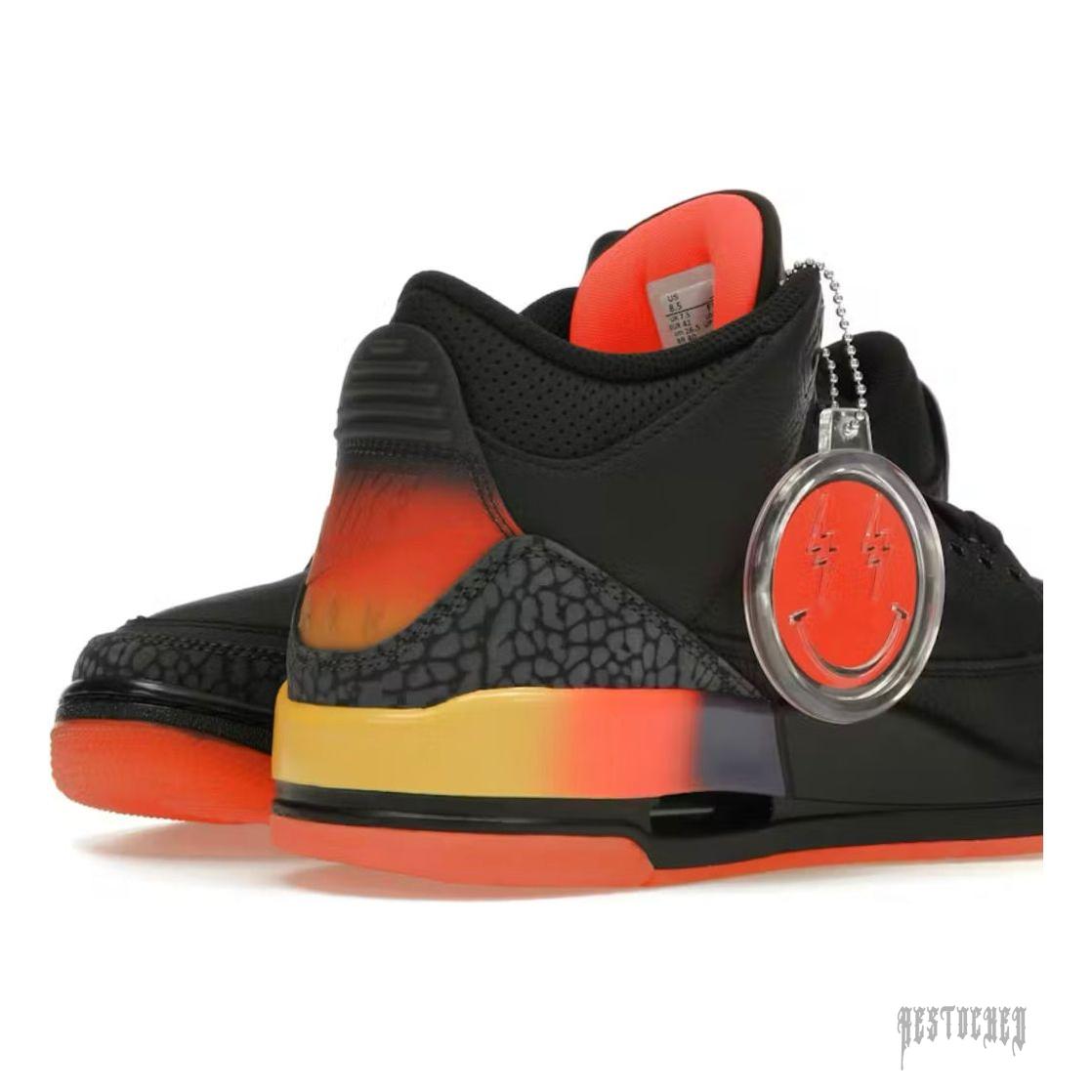 JORDAN 3 RETRO J BALVIN RIO with black leather, grey elephant print, and vibrant orange-yellow accents.