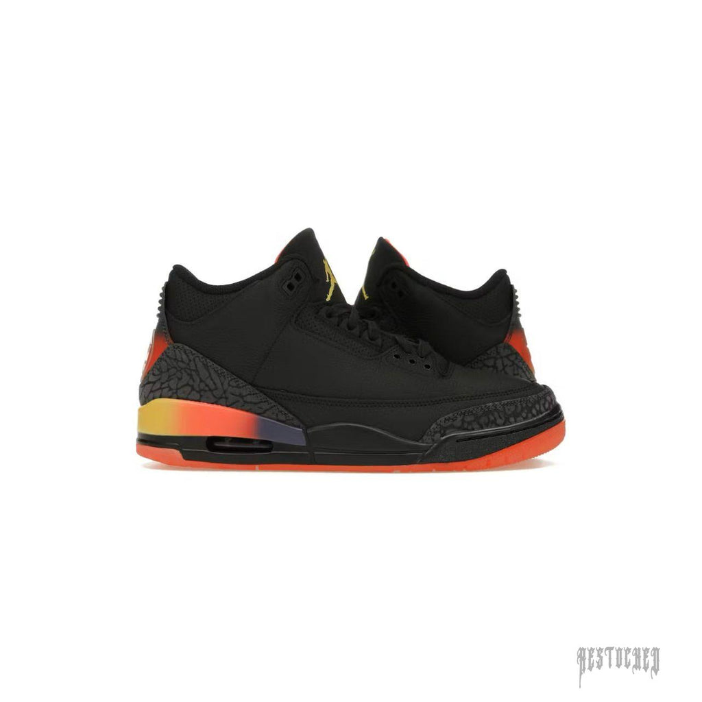 JORDAN 3 RETRO J BALVIN RIO sneakers: black leather, grey elephant print, vibrant Solar Flare/Total Crimson accents, translucent red outsole.