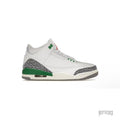 Women's Air Jordan 3 Retro Lucky Green sneaker with white leather, green accents, elephant print, and a red Jumpman.