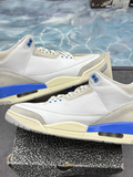 Pre-owned Jordan 3 Retro Lucky Shorts sneakers, white leather with grey suede and blue accents, size 12.
