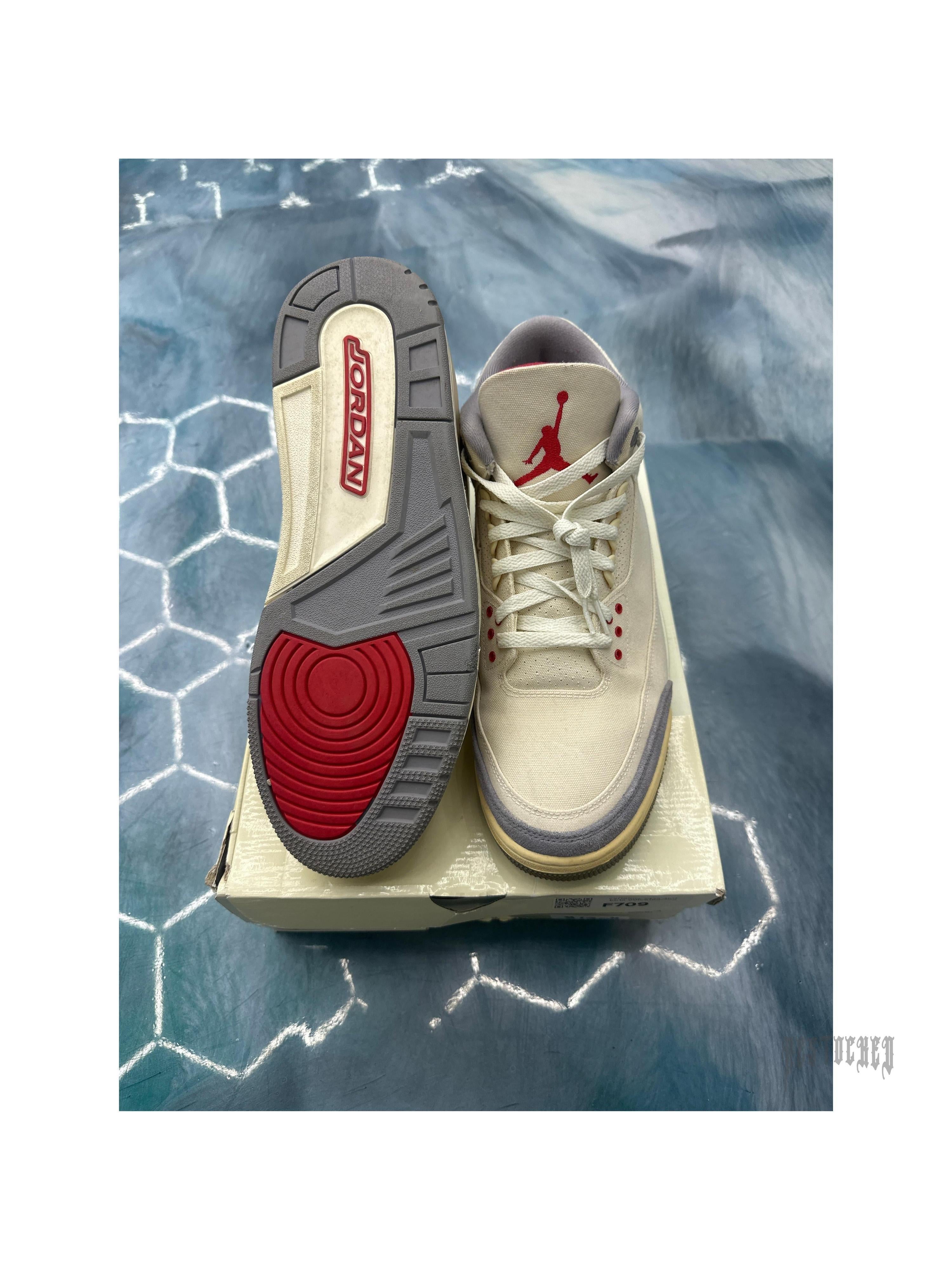 Pre-owned Jordan 3 Retro Muslin size 13 sneaker with cream upper, red Jumpman, and gray/red sole.