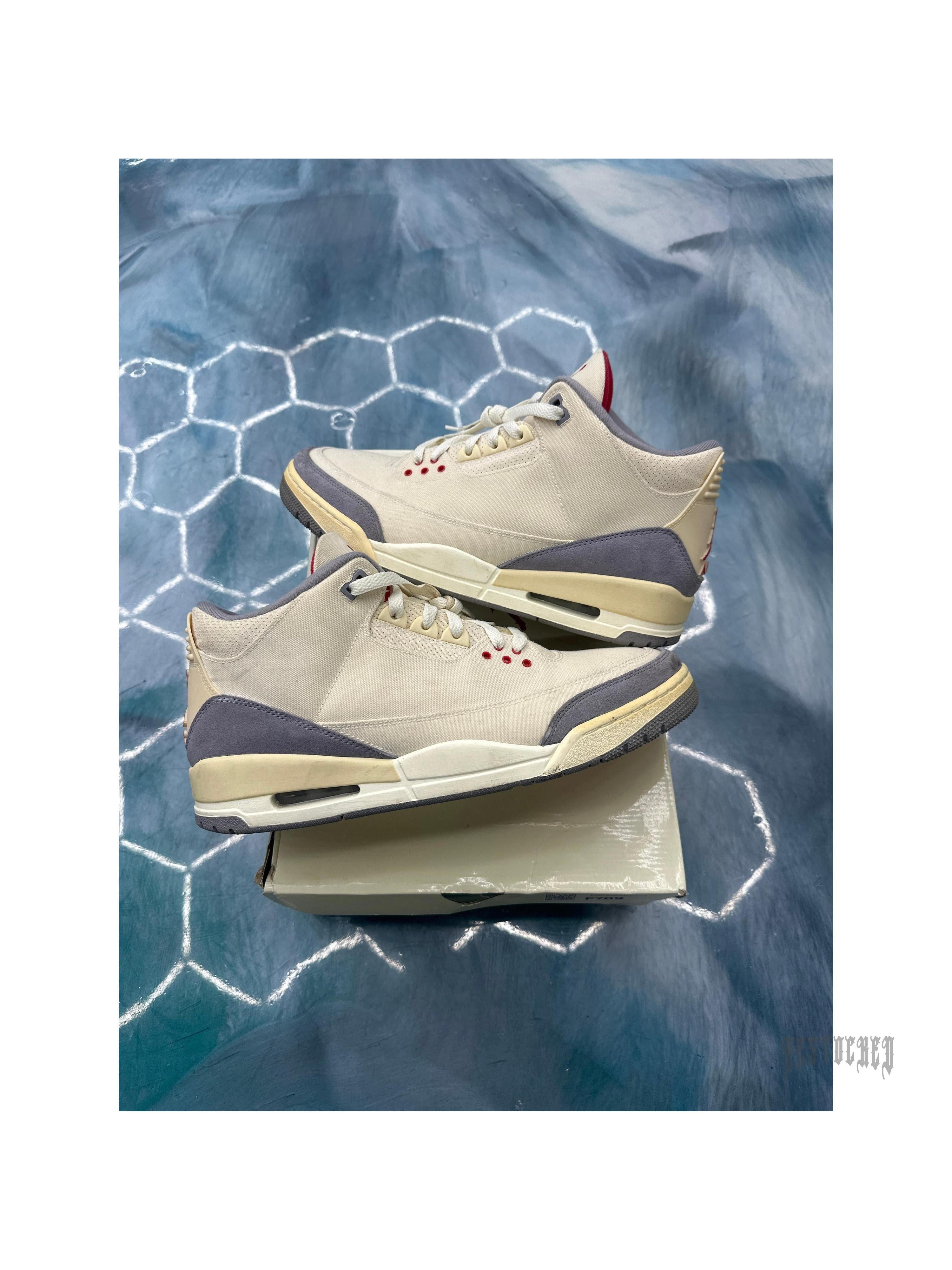 Pre-owned Jordan 3 Retro Muslin size 13 sneakers, light beige suede with grey accents and red eyelets.