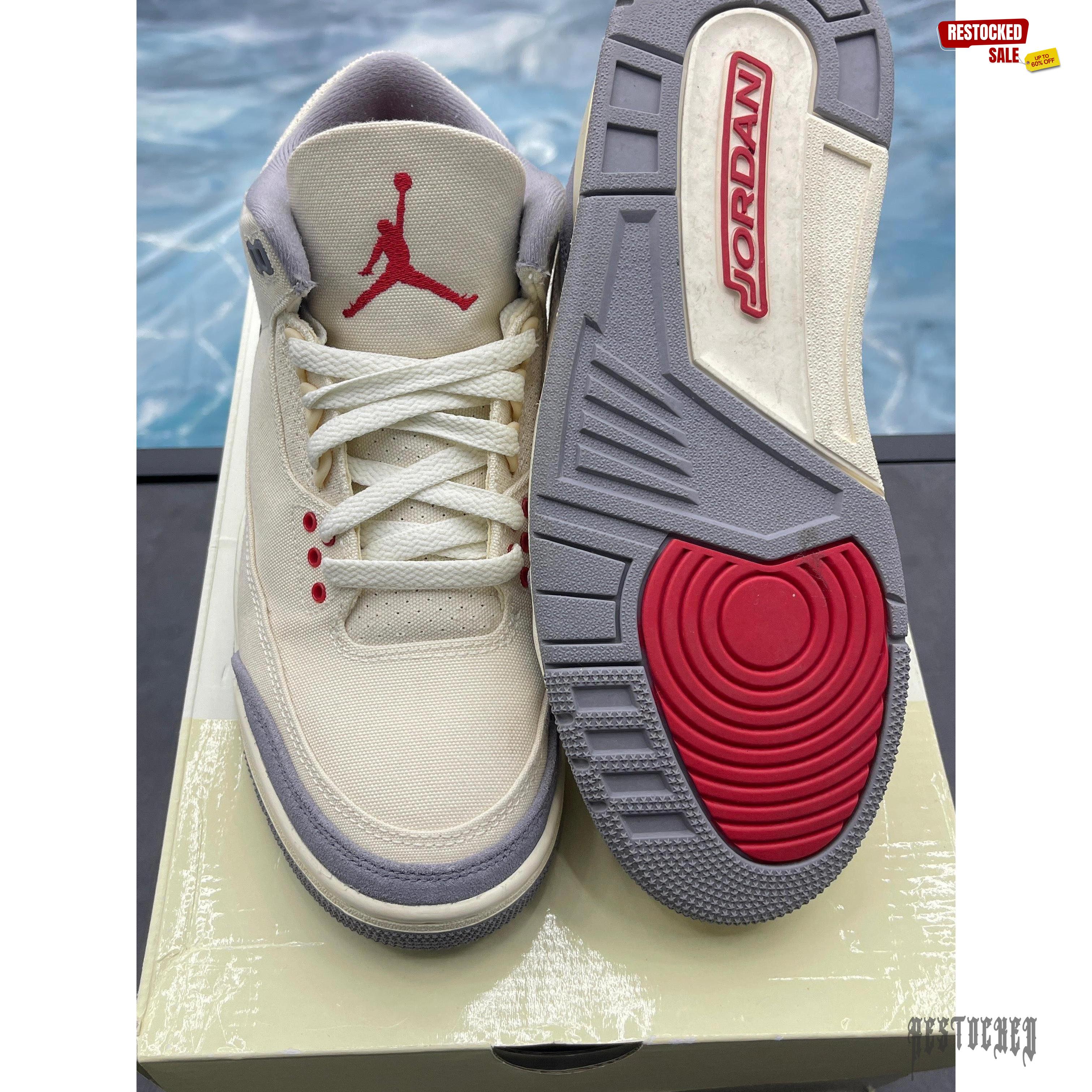 Pre-owned Jordan 3 Retro Muslin size 7 sneakers with cream canvas, grey accents, and red Jumpman logo.