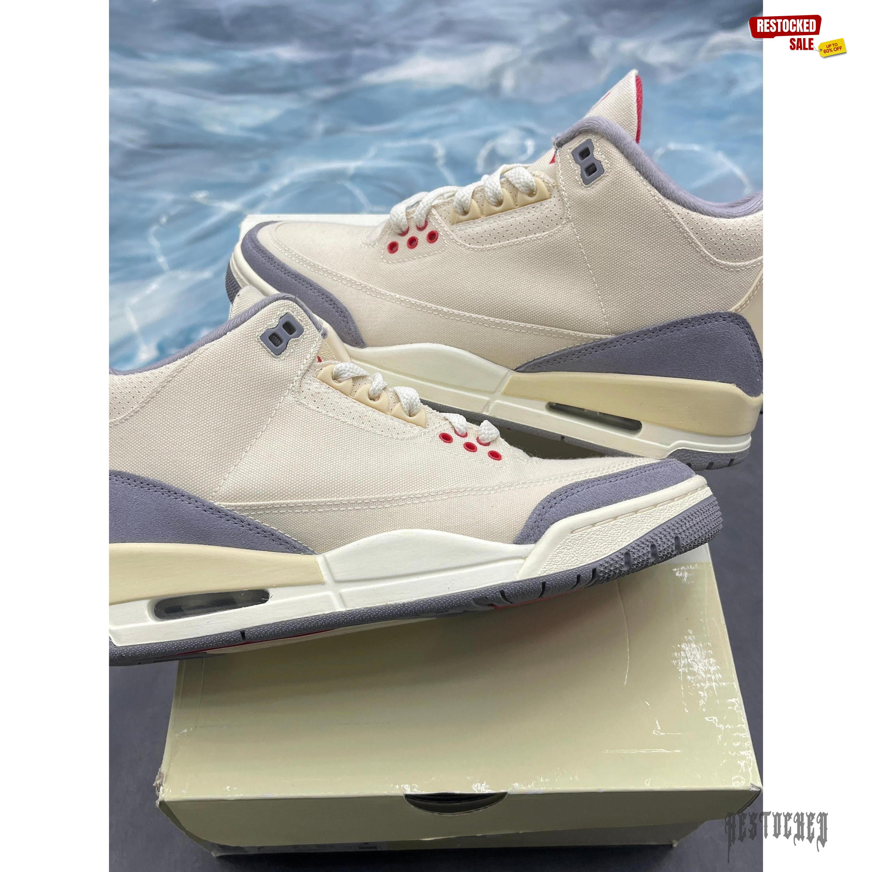 Pre-owned Jordan 3 Retro Muslin sneakers, size 7, with cream canvas uppers, grey suede accents, and red eyelets.