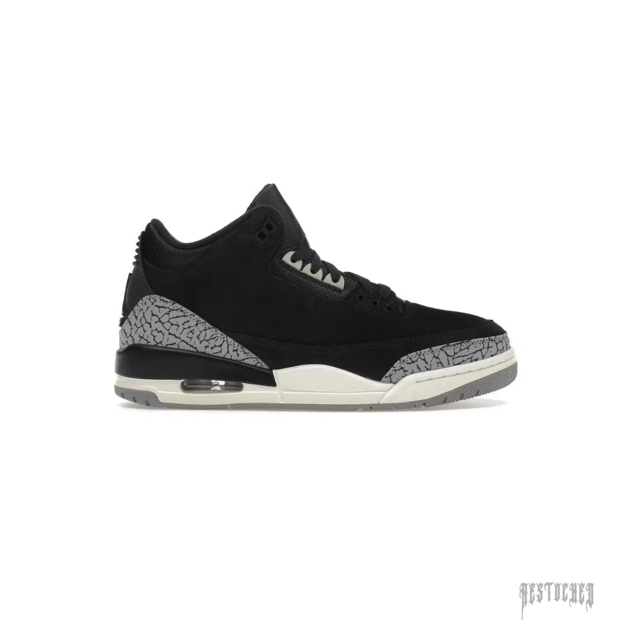 JORDAN 3 RETRO OFF NOIR (WOMENS) black sneaker with Cement Grey elephant print overlays and white midsole.