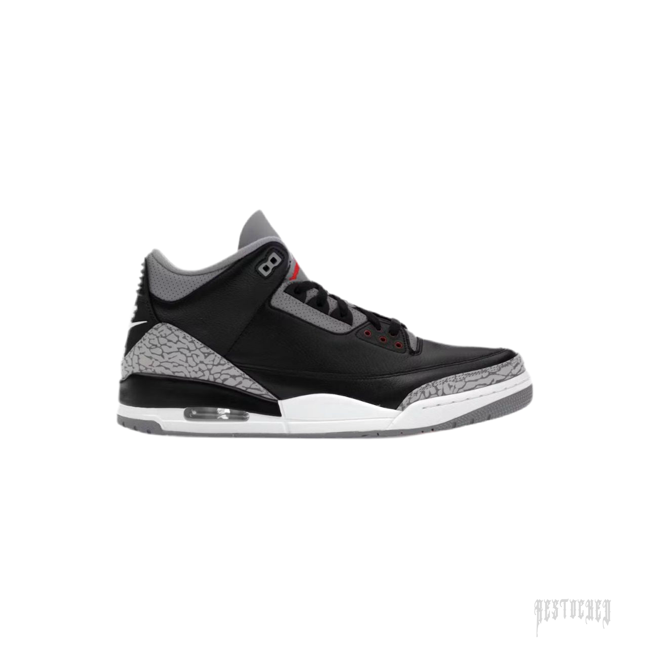 JORDAN 3 RETRO OG Black Cement (2024) sneaker, black leather upper with grey elephant print accents.