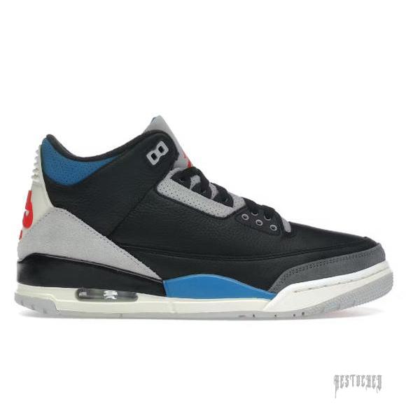 JORDAN 3 RETRO OG RARE AIR in black leather with blue, grey, and red accents.