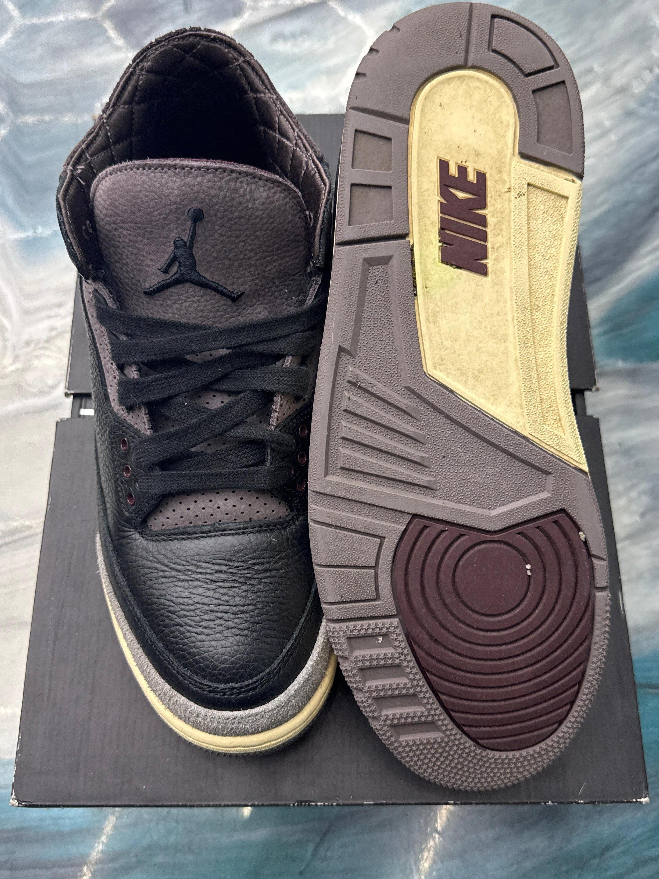 JORDAN 3 RETRO OG SP A MA MANIERE pre-owned black leather sneaker, size 13W/11.5M, with brown sole.