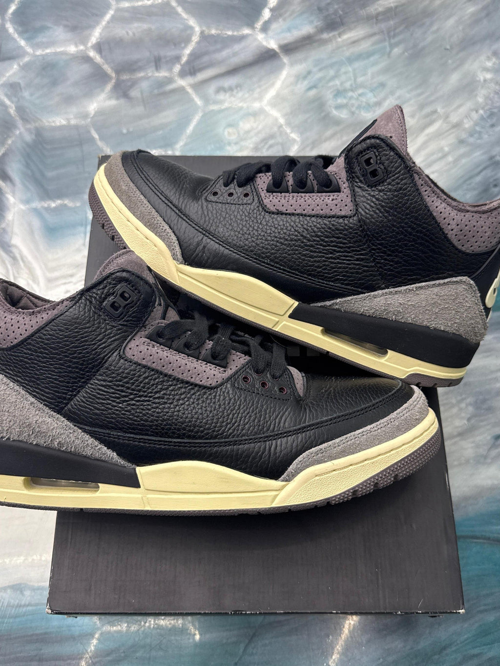 JORDAN 3 RETRO OG SP A MA MANIERE sneakers, black leather with grey suede accents and cream soles.