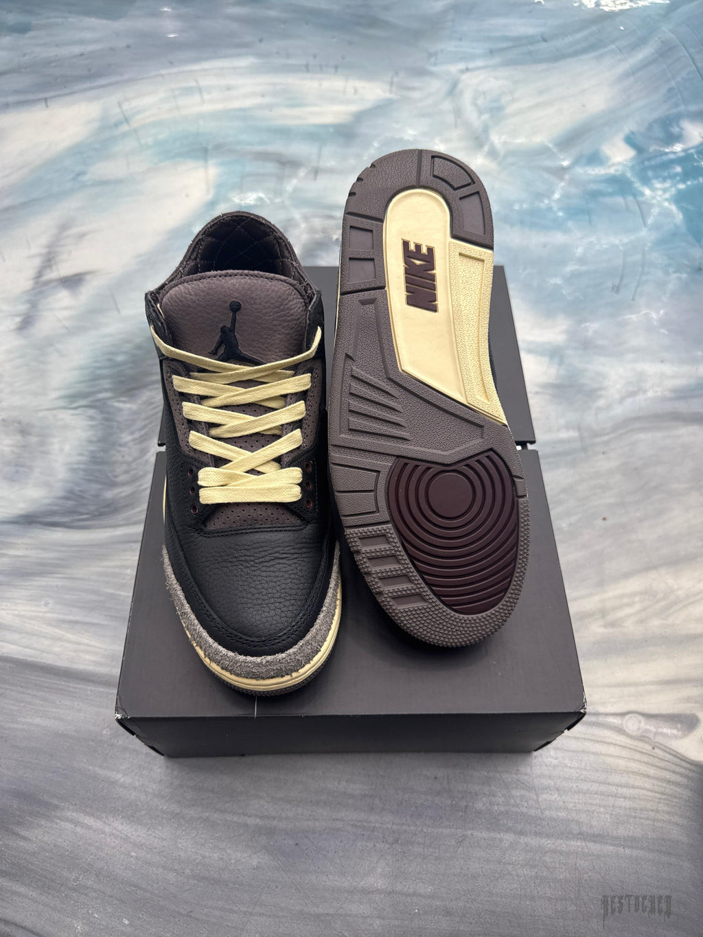 JORDAN 3 RETRO OG SP A MA MANIERE sneakers, black leather, cream laces, and brown/cream sole.