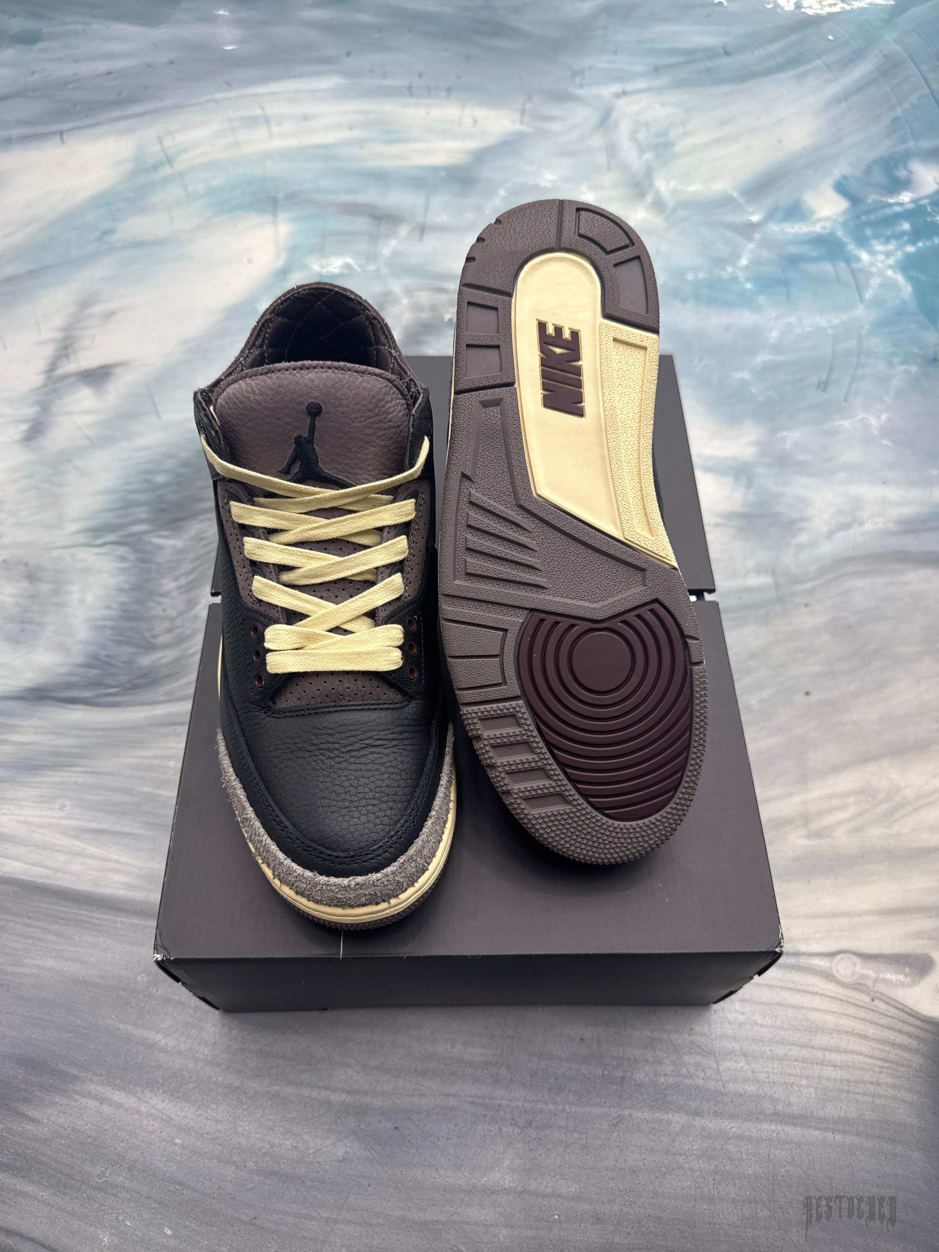 JORDAN 3 RETRO OG SP A MA MANIERE sneakers, black leather, cream laces, and brown/cream sole.