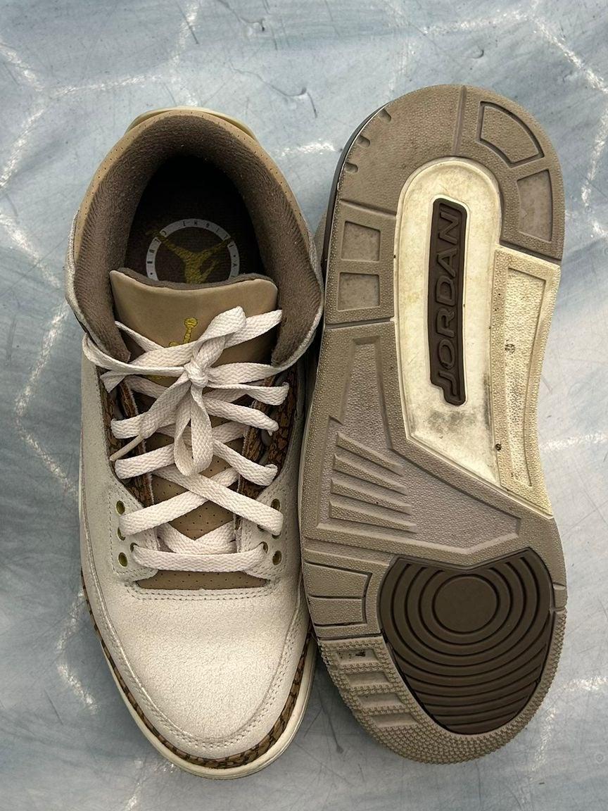 Pre-owned Jordan 3 Retro Palomino sneakers, size 9, showing top and sole views of the white and brown design.
