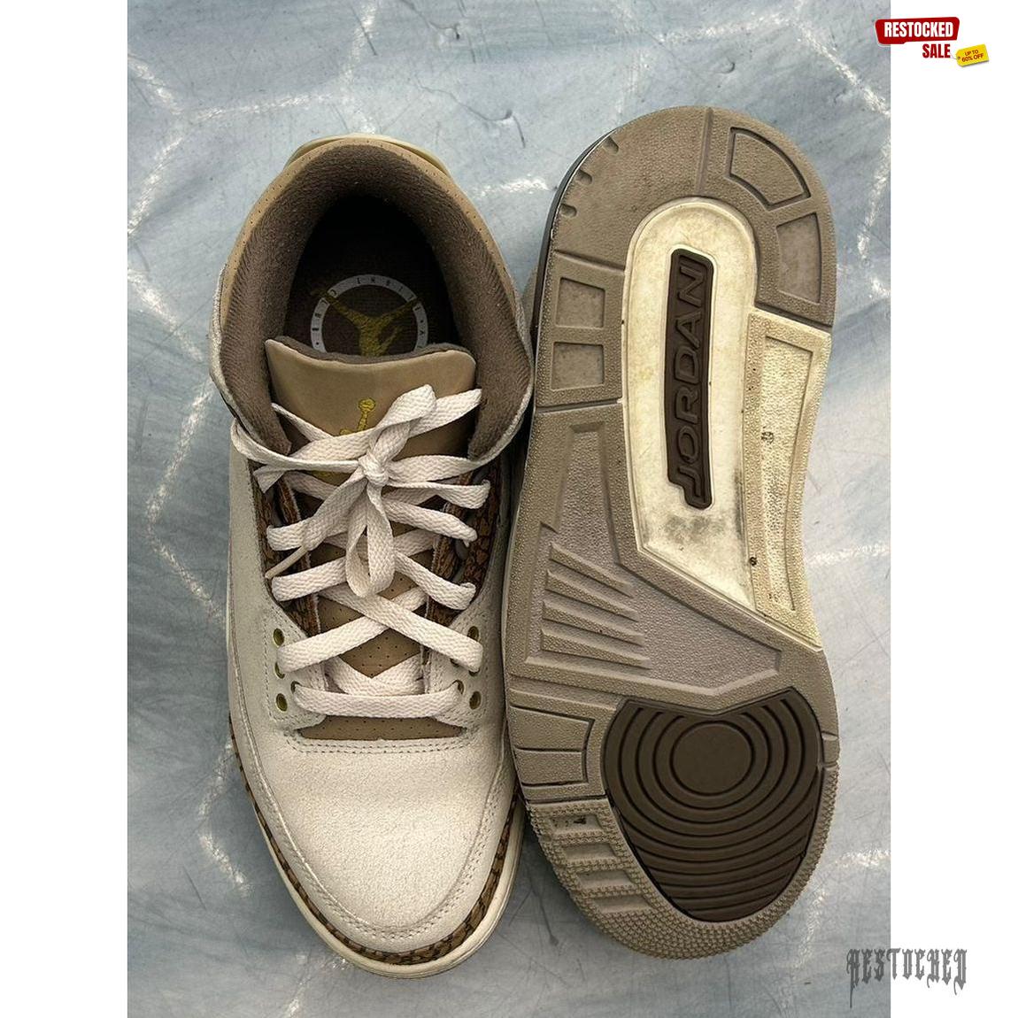 Pre-owned Jordan 3 Retro Palomino sneakers, size 9, showing top and sole views of the white and brown design.