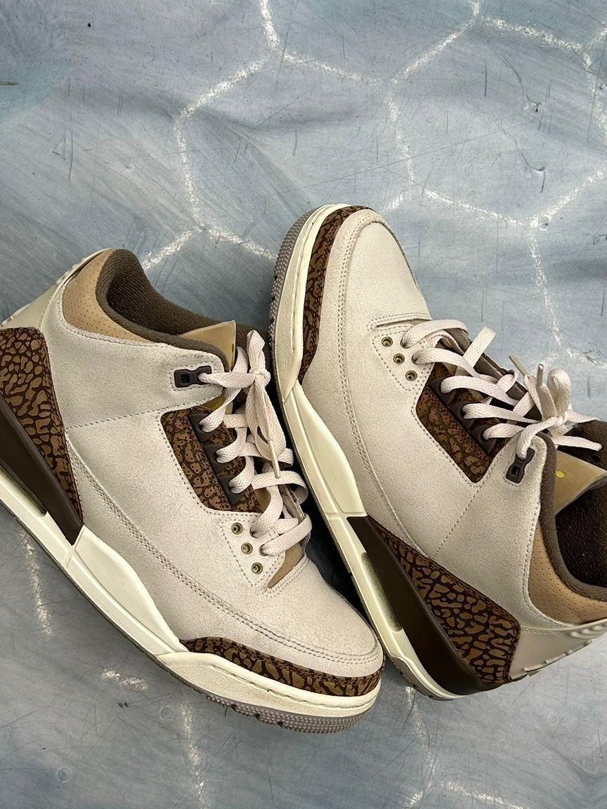 Pre-owned Jordan 3 Retro Palomino sneakers, size 9, with light tan leather and brown elephant print accents.