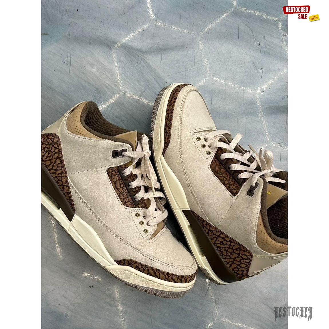 Pre-owned Jordan 3 Retro Palomino sneakers, size 9, with light tan leather and brown elephant print accents.