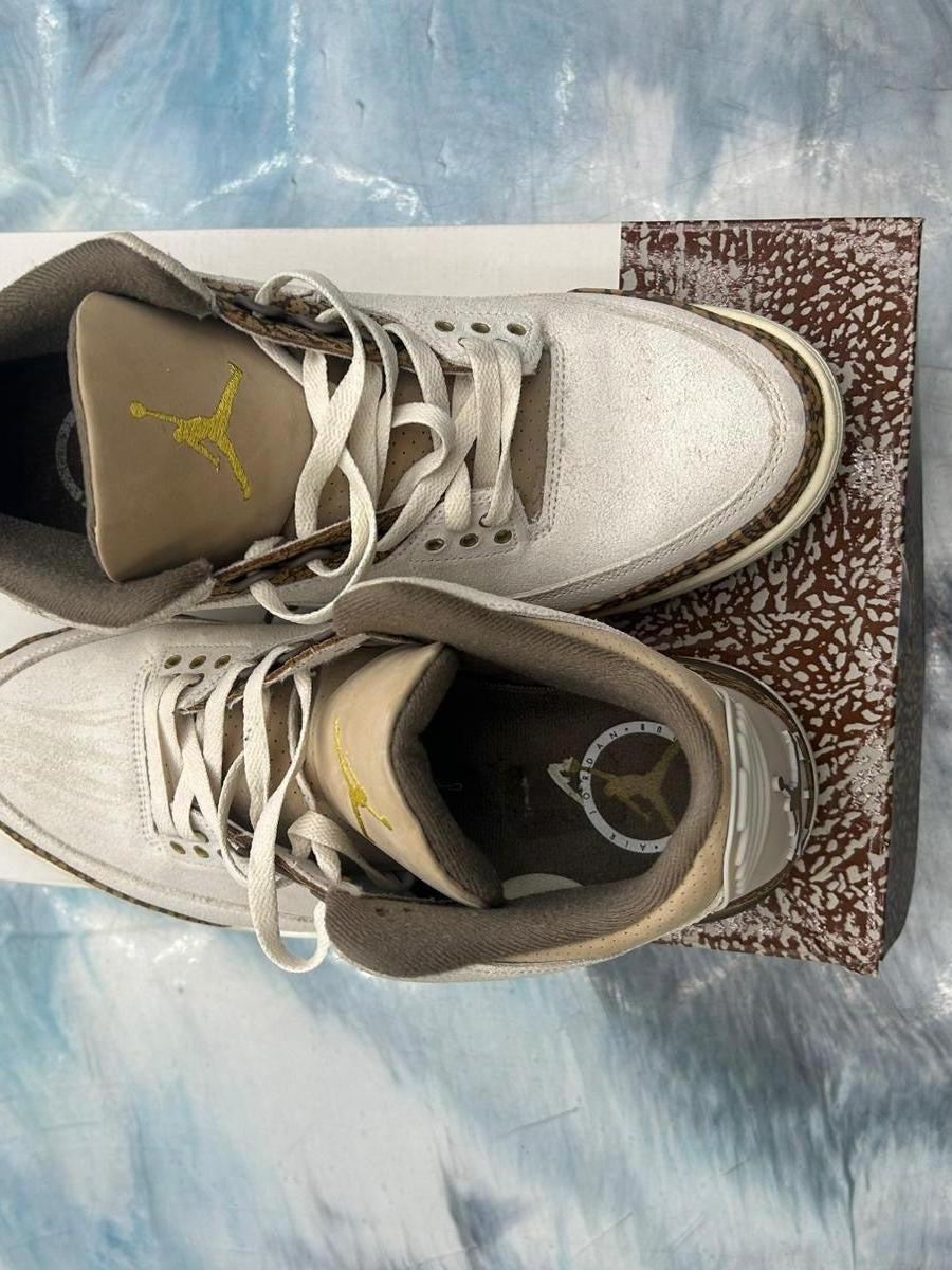 Pre-owned Jordan 3 Retro Palomino sneakers, size 12, with white uppers, brown elephant print, and gold Jumpman logo.