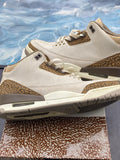 JORDAN 3 RETRO PALOMINO PRE OWNED SIZE 12 sneakers, cream leather with brown elephant print accents.