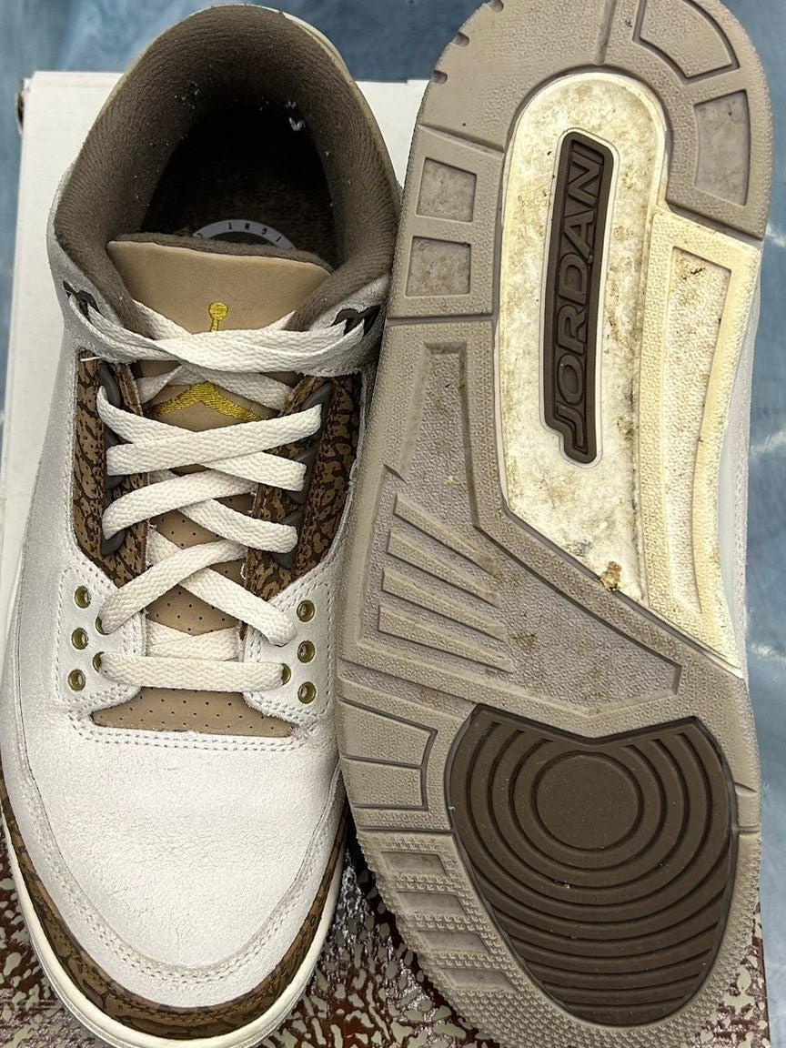 Pre-owned Jordan 3 Retro Palomino size 9.5, white leather with brown elephant print and gold accents.