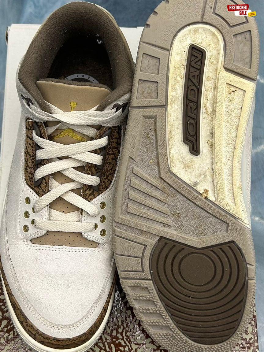 Pre-owned Jordan 3 Retro Palomino size 9.5, white leather with brown elephant print and gold accents.