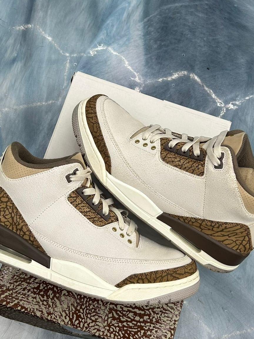 Pre-owned Jordan 3 Retro Palomino sneakers, size 9.5, in off-white with brown elephant print accents.