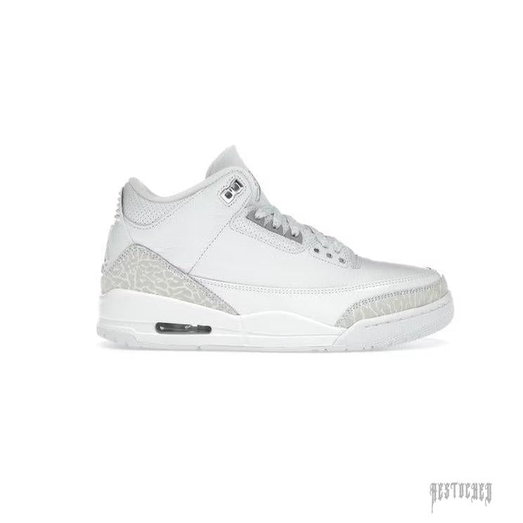JORDAN 3 RETRO PURE MONEY 2025 sneaker, white leather with grey elephant print accents.