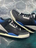 JORDAN 3 RETRO RARE AIR PRE OWNED SIZE 10. Black leather sneakers with blue accents and grey elephant print.