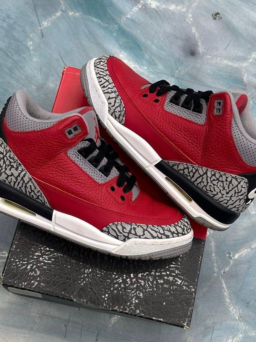 JORDAN 3 RETRO SE Fire Red (GS) pre-owned sneakers, size 4.5Y, with red leather, grey elephant print, and black accents.