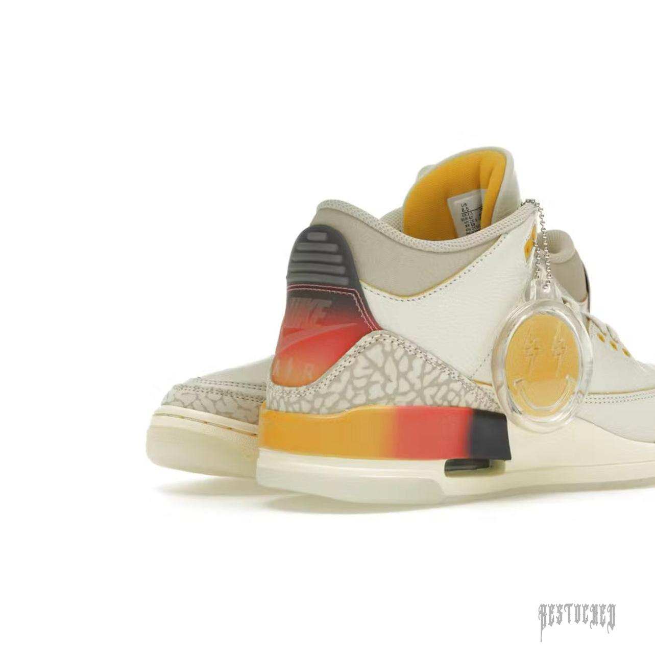 JORDAN 3 RETRO SP J BALVIN Medellín Sunset sneaker, white leather, grey elephant print, and sunset gradient heel.