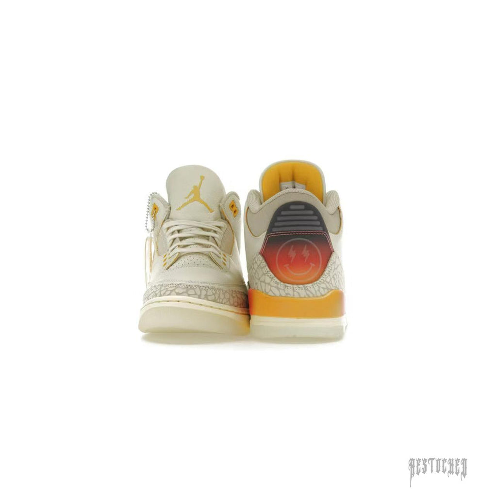 JORDAN 3 RETRO SP J BALVIN Medellín Sunset sneakers, off-white leather with elephant print, orange gradient heel, and yellow accents.