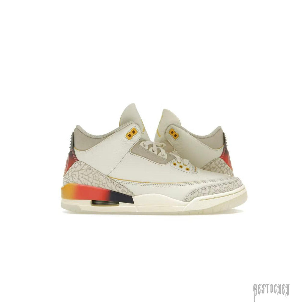 JORDAN 3 RETRO SP J BALVIN Medellín Sunset sneakers, off-white leather with elephant print and a vibrant gradient heel.