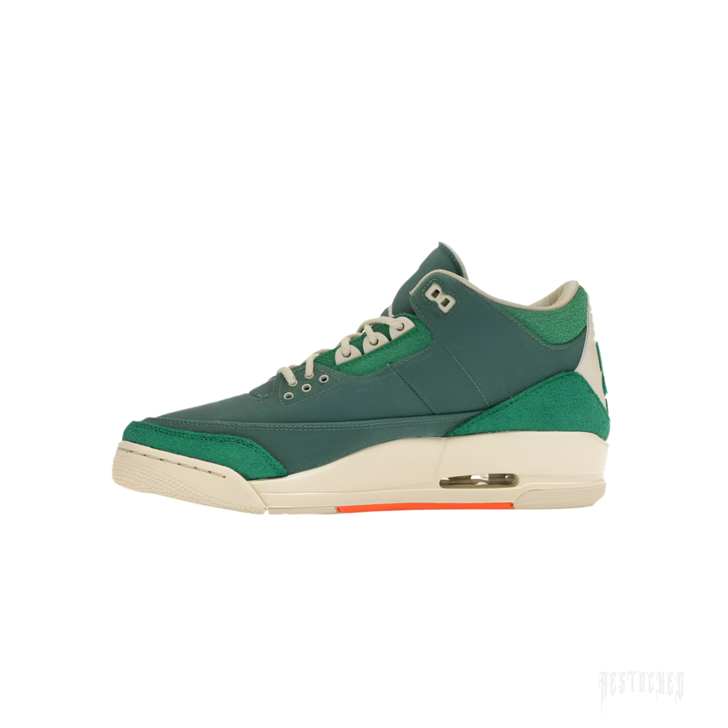 JORDAN 3 RETRO SP Nina Chanel Abney Bicoastal sneaker, dark green leather with light green suede accents, cream sole, and orange detail.