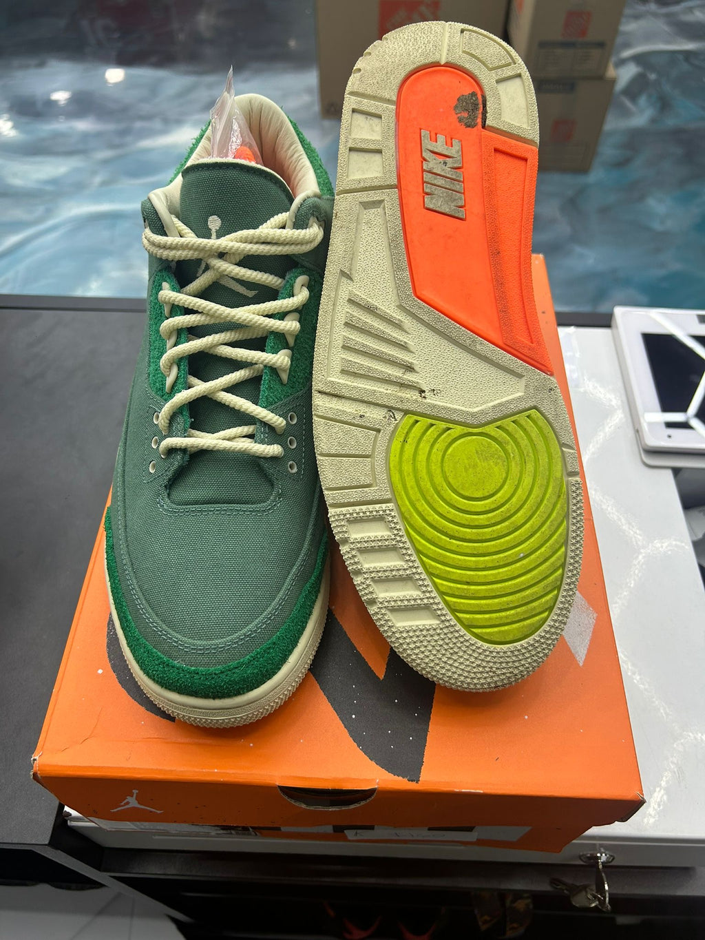 Jordan 3 Retro SP Nina Chanel Abney Bicoastal women's size 10.5M, green canvas upper, cream laces, orange and lime green sole.