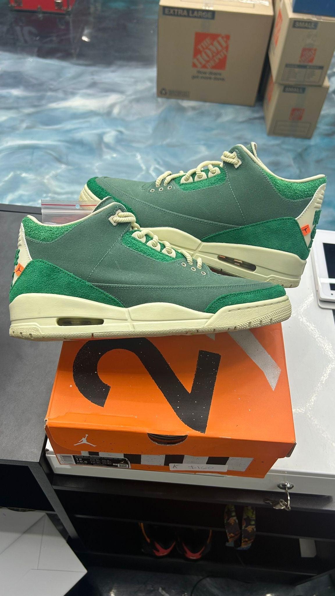 JORDAN 3 Retro SP Nina Chanel Abney Bicoastal (Womens) size 10.5M, green canvas and suede with cream soles.