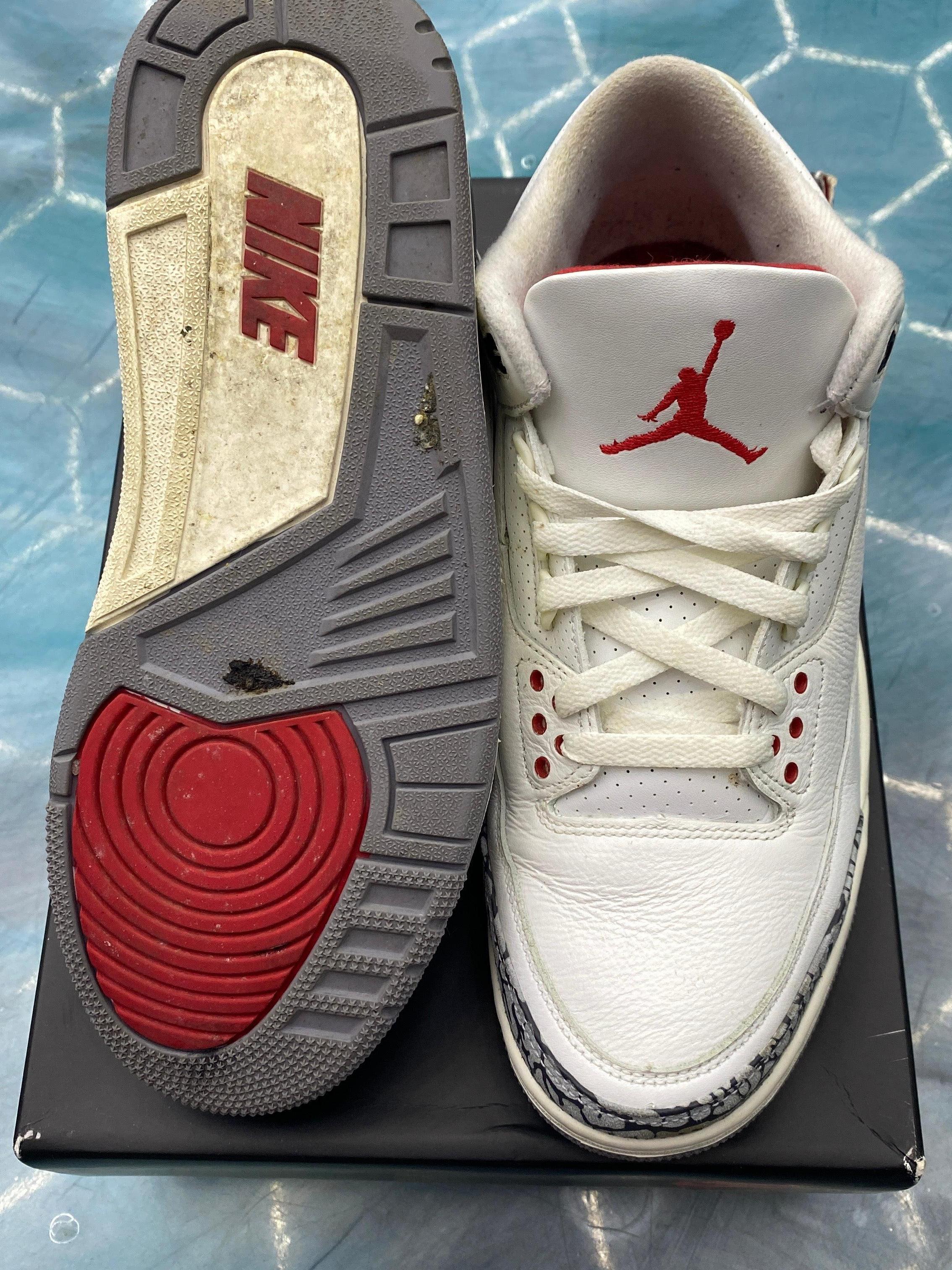 Pre-owned Jordan 3 Retro White Cement Reimagined size 9, showing white leather upper with red Jumpman and worn grey/red sole.